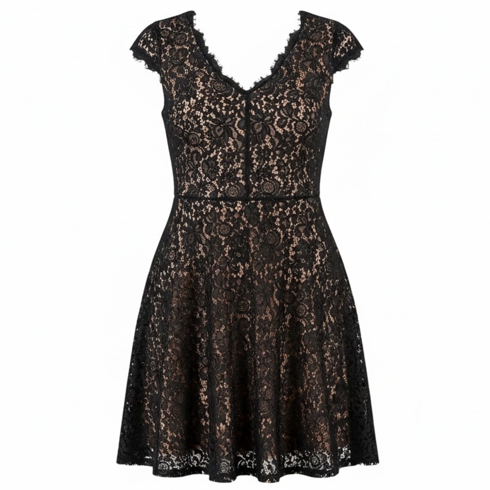 H&M Black Lace Fit & Flare Dress M Pink Lined Romantic Goth Coquette - Picture 2 of 14